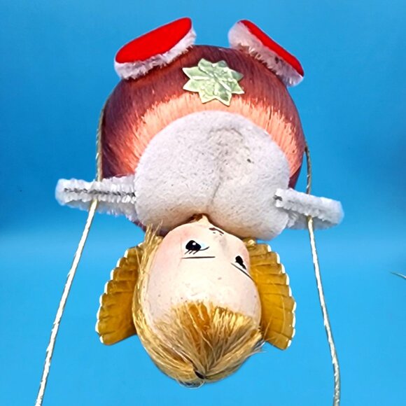 Vintage 1960s Satin Ball Angel Ornament Foil Wings Spun Cotton Composite Face v4 - Picture 8 of 9